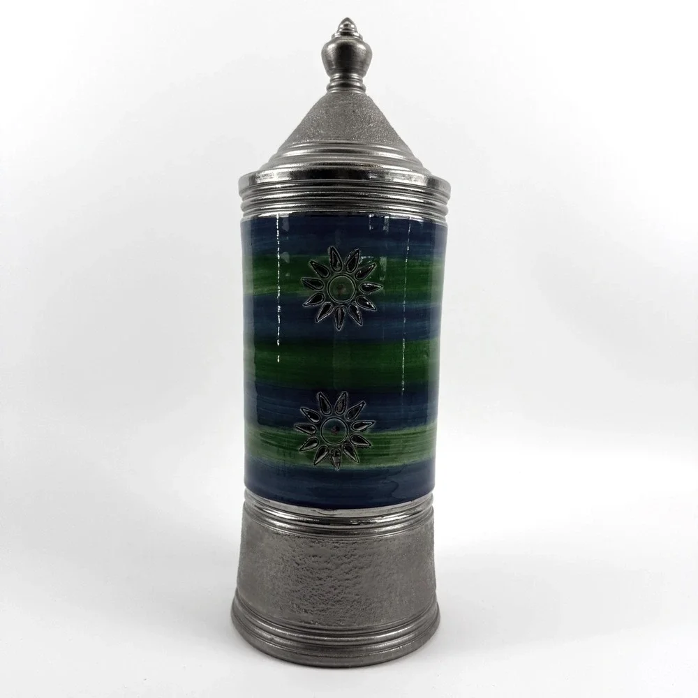 Bitossi Italy‎ Blue Green Sgraffito Sun Canister Jar with Lid HTF
